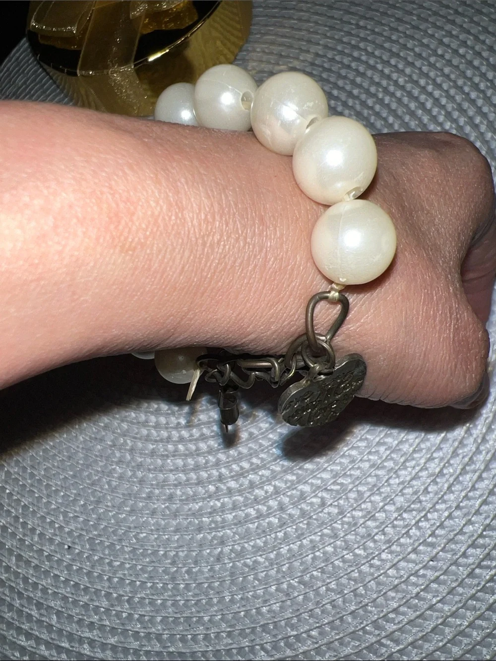 Pearl Bead Charm Bracelet with Heart & Cross Charms - Cream